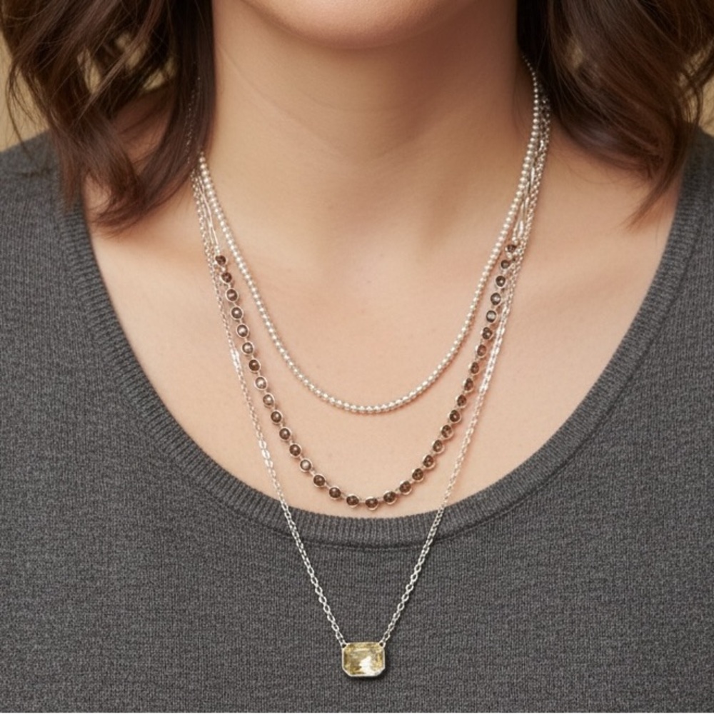 Pomina Layered Crystal Necklace Silver Tone Multi Strand. (BJ111)